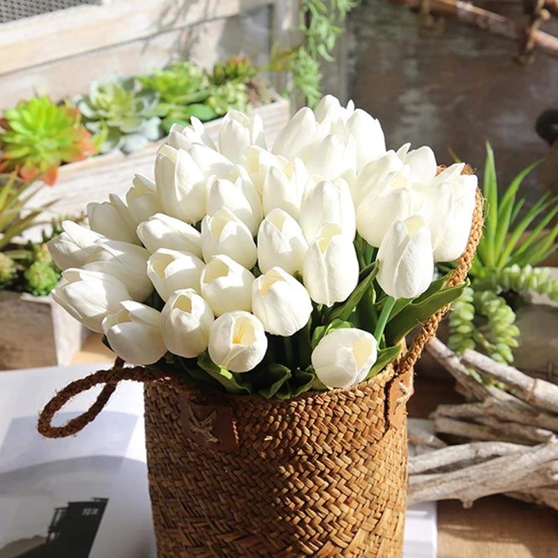 Tulips Silicone Flowers Artificial Decorative Plants for Vase 5 Pcs White