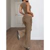 Solid Color Lace Up Two Piece Flared Pants Casual Commute Set For Women