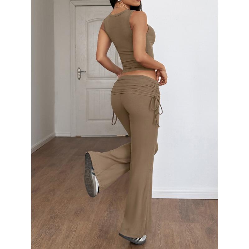 Solid Color Lace Up Two Piece Flared Pants Casual Commute Set For Women