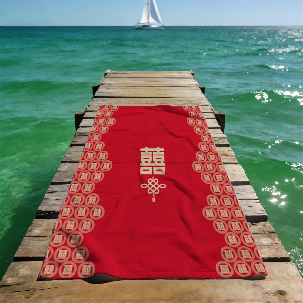 Chinese Double Happiness Beach Towel - Red & Gold Traditional Pattern, Wedding Gift, Quick Dry, Multiple Sizes