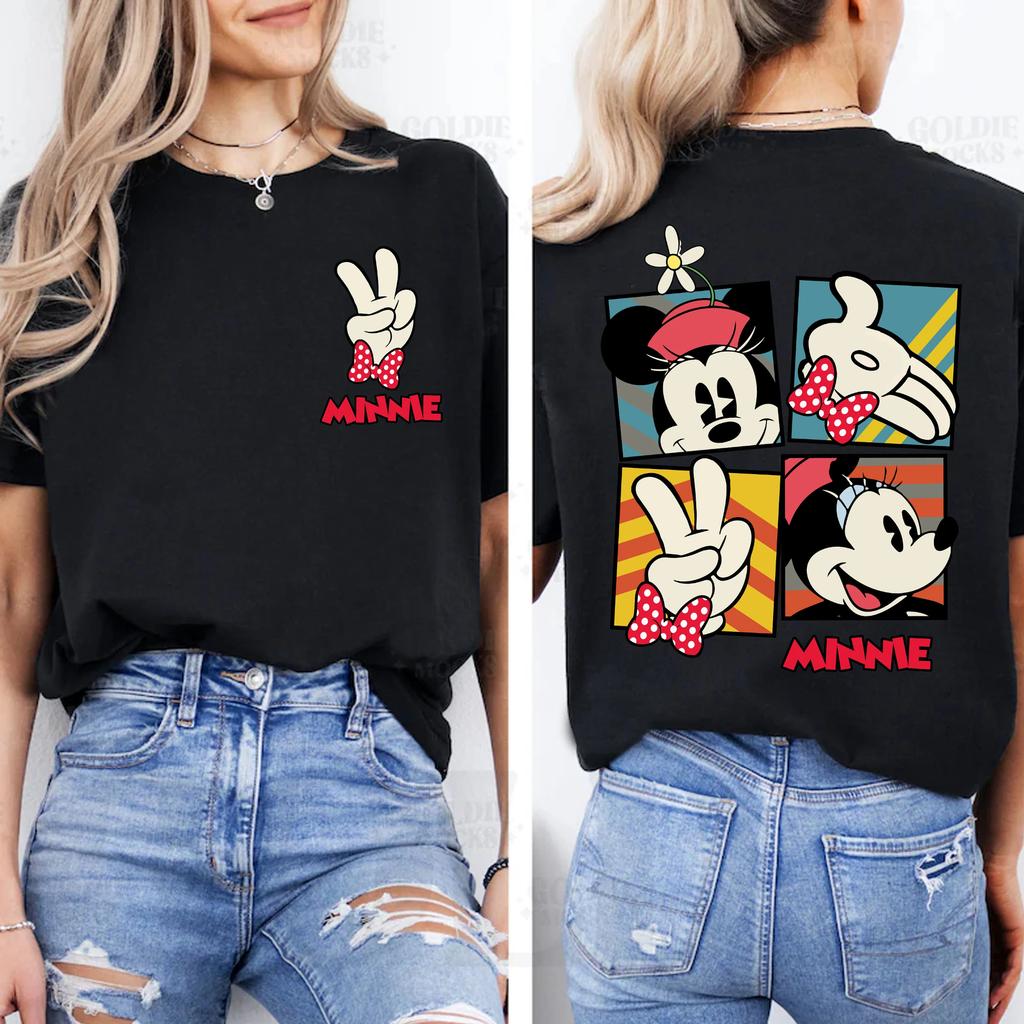 2025Summer 2-sided Disney Classic Minnie Mouse Pose Mickey and Friends Disney Cute Minnie Mouse 100% Pure Cotton Printed T-shirt