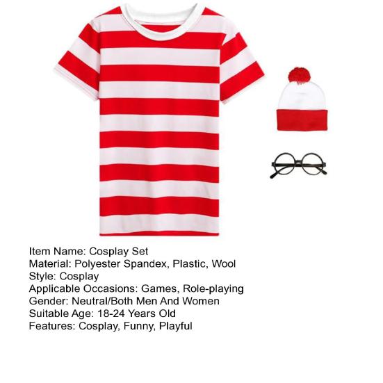 Adult Red White Striped Tee Shirt Glasses Hat Set Halloween Cosplay Costume Fancy Dress Outfit for Men Women