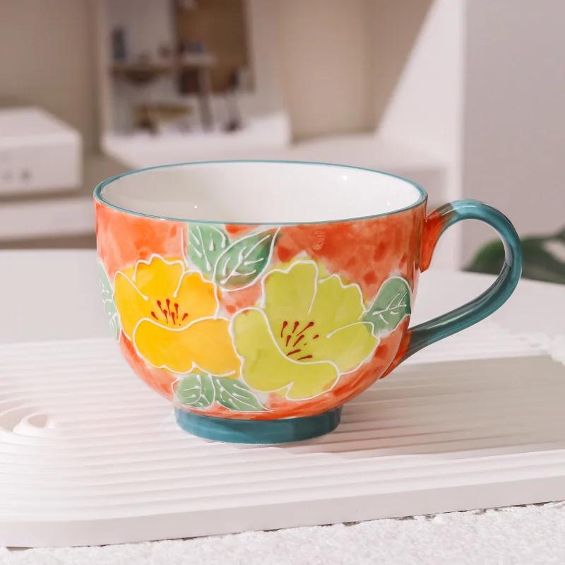 Creative Cute Hand-painted Flower Ceramic Cup Nordic Style Household Breakfast Milk Oatmeal Tea Cups Drinking Coffee Mugs Gifts
