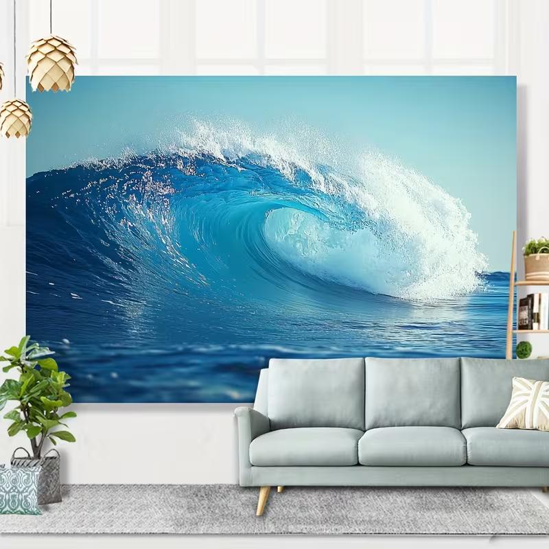 2D Surfing Wave Tapestry, Blue Ocean Barrel Wave Background Cloth