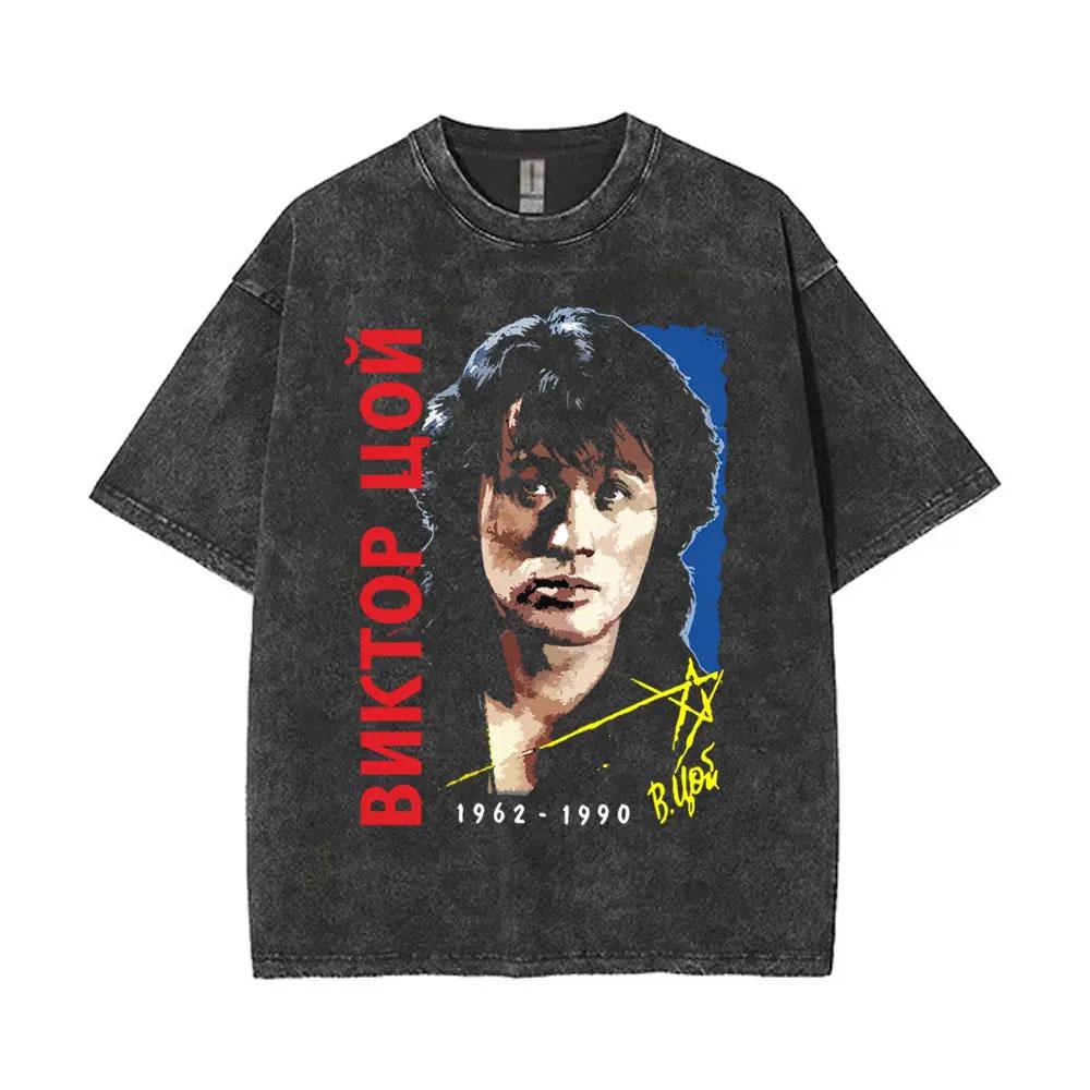 Viktor Tsoi Kino Nacht Vintage Gewassen T-shirts Klassiek Russisch Rock Gotische T-shirts Mannen Vrouwen Casual Polyester Oversized T-shirt