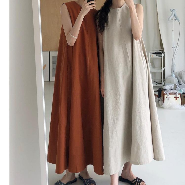 Korean Chic Sleeveless Pumpkin Cotton Linen Dress