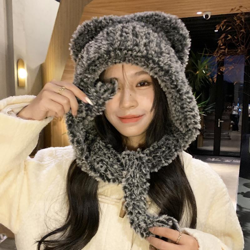 Bear warm plush hat female winter snow cold wool hat thickened warm face small ear protection