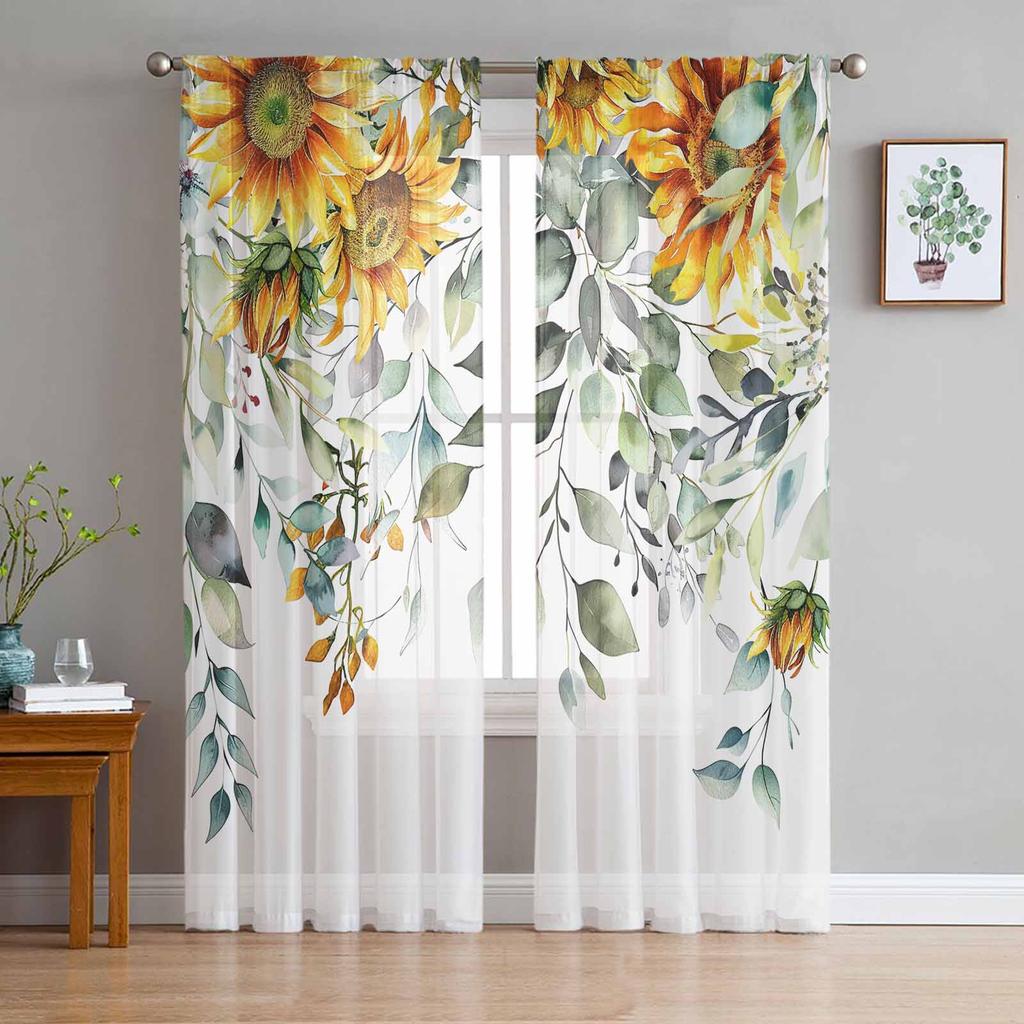 Sunflower Blossoms Yellow Flower Tulle Sheer Window Curtains for Living Room Kitchen Children Bedroom Voile Hanging Curtain