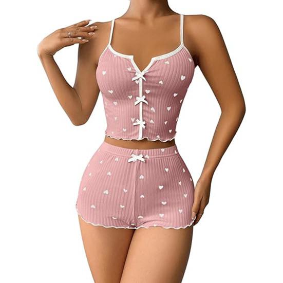 2 pezzi/set da donna, gilet, pantaloncini, abito, fiocco, cuore, stampa, senza maniche, arricciato, vita alta, pantaloni corti, abbigliamento da casa, abbigliamento da salotto, abbigliamento da notte estivo