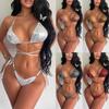 Maillot de bain sexy et brillant pour femme, triangle fendu, string, noué sur le côté, dos nu, à lacets, élastique