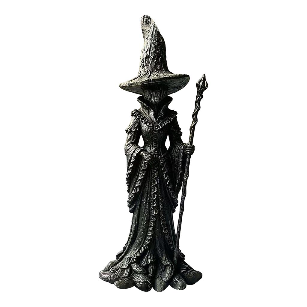 Resin Witch Statue Halloween Home Decoration Figurine Standing Witch with Staff Detailed Texture for Indoor Outdoor Display