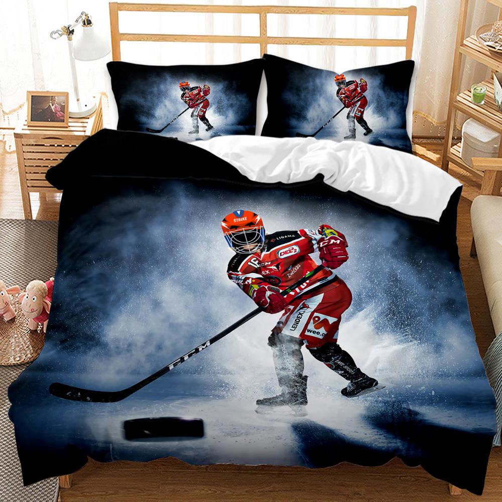 Ice Hockey Duvet Cover Set Twin Hockey Sport Player Bedding Set Winter Extreme Sport Game Polyester Comforter Cover Set King