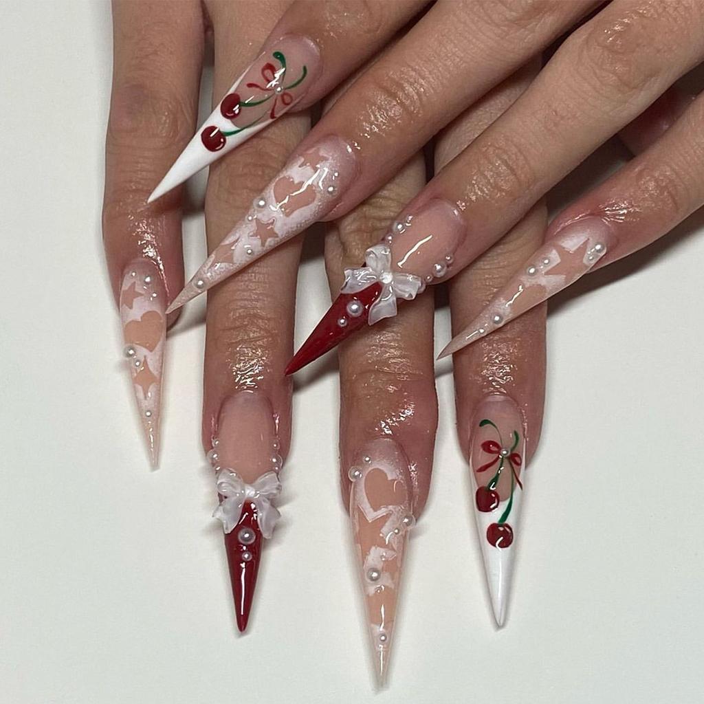 24 Pieces Cherry Pink French Wearing Nail Three-dimensional Bow Nail Art Star Love Super Long Pointed Wearing Nail Piece