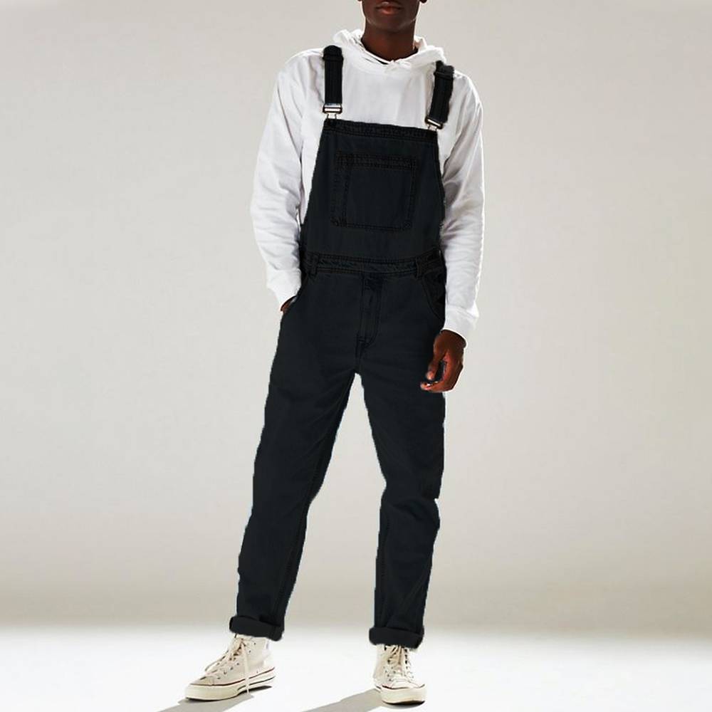 Men's Solid Color Multi-pocket Denim Bib Overalls Casual Daily Denim Jumpsuit Fashion Streetwear Men Suspender Long Pants
