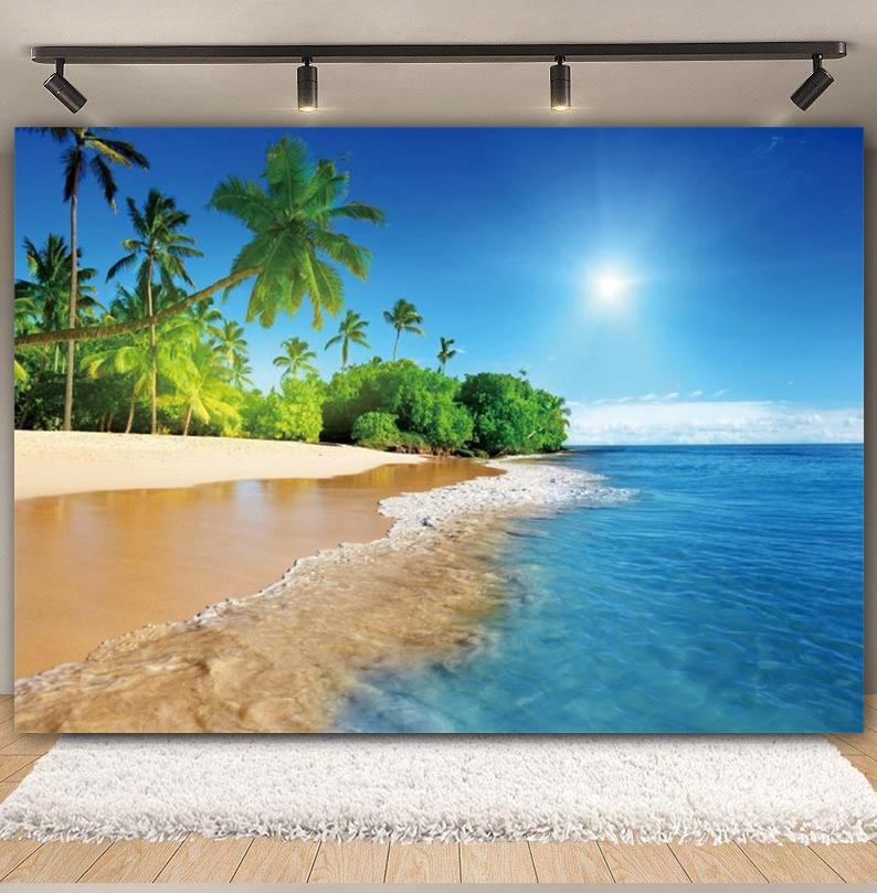 Tropical Beach Backdrop for Photography Summer Hawaii Blue Ocean Wave Seaside Palm Tree Kid Holiday Party Photo Background Decor