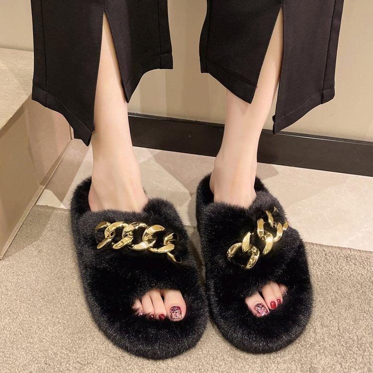 Popular Mao Mao Slippers Women's Outer Wear Chain Thick Bottom Increases Height Spring and Summer Fashion Going Out Plush Cross Autumn and Winter