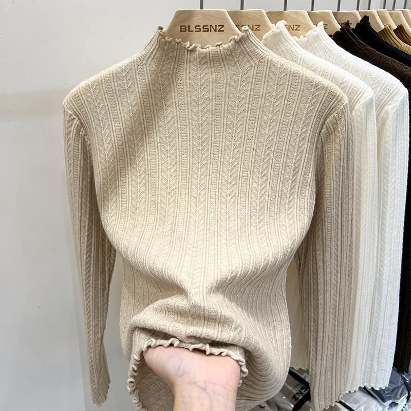 Fungus Edge Knitwear, Semi-high Neck Base Shirt, Women's Inner Layer, White Base Sweater, Women's Spring and Autumn New Top