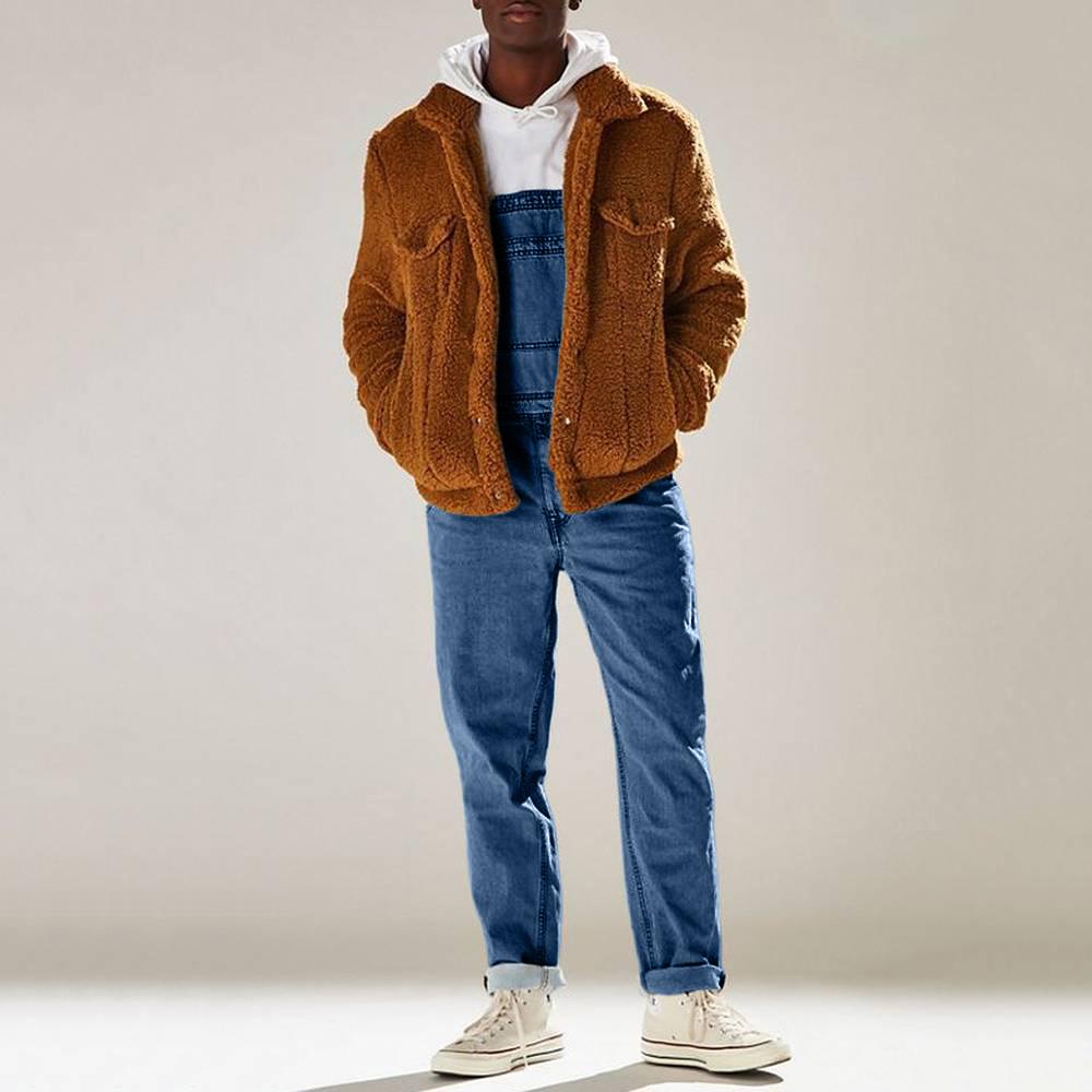 Men's Solid Color Multi-pocket Denim Bib Overalls Casual Daily Denim Jumpsuit Fashion Streetwear Men Suspender Long Pants