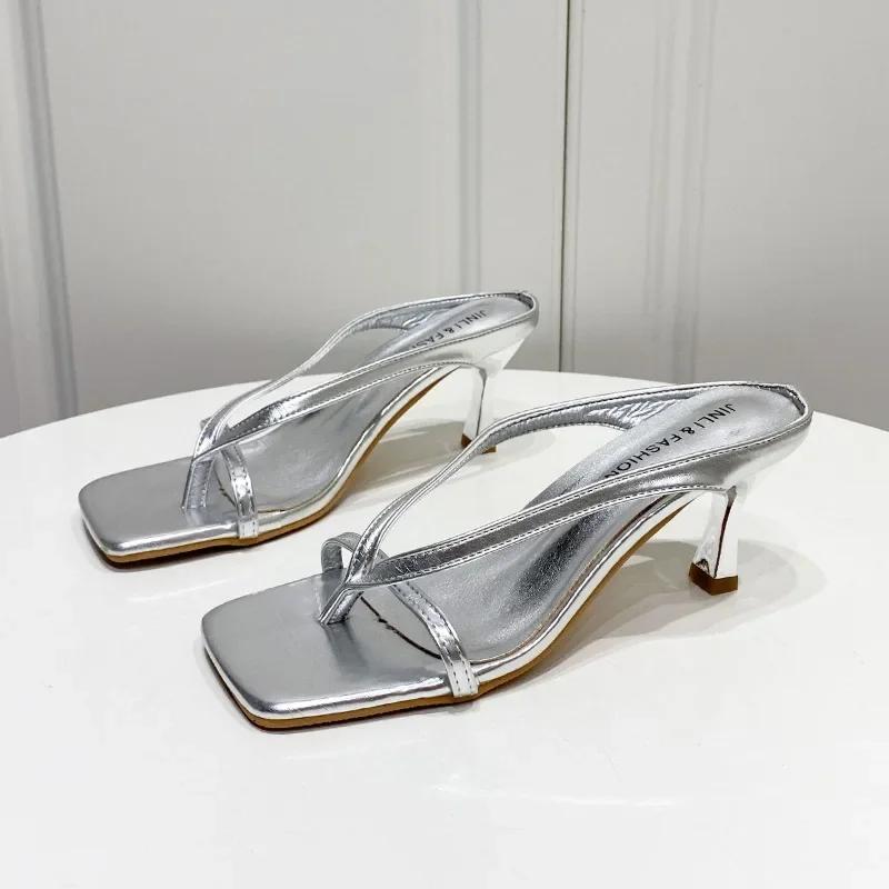 Fashion 2024 Women's Summer Sandals High Heels Sexy Square Toe Slippers Women's Flip Flop Buckle Party Sandals Large Size Heels