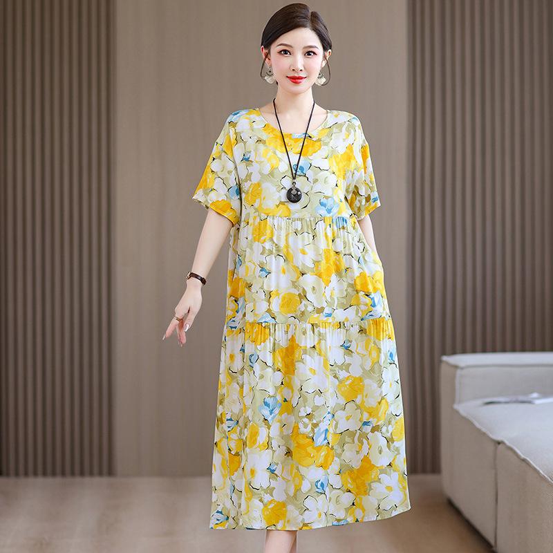 Women's Mid-length Dress,summer Dress for Mothers,cotton Silk Knee-length Dress,middle-aged Women's Dress,plus-size Short-sleeved Beach Dress Women