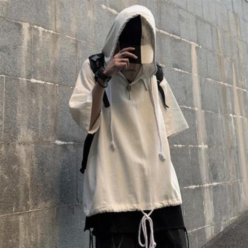 Summer Men's Short Sleeve T-shirt Hooded Half Sleeve Sweater Student Solid Hoodie Men