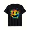 Europäische Größen Herren Übergröße Retro Regenbogen Tie-Dye Lachendes Gesicht Muster T-Shirt - 1970er Jahre Friedensstil, Schwarzes Lässiges Sommer Übergröße Oberteil