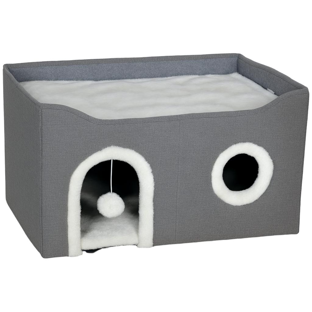 Cat Bed for Indoor Pets, Foldable Cat House with Fluffy Ball and Scratch Pad for Small and Medium Pets, Grey