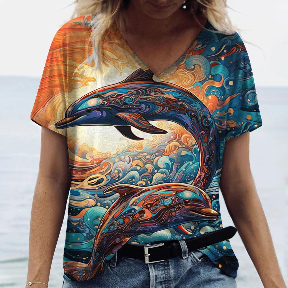 T-shirt col en V pour femme Dauphin imprimé en 3D T-shirt tendance imprimé à manches courtes