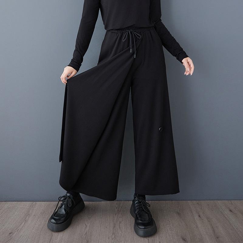 Black Plus size cotton Vintage high Waist Casual loose Spring autumn wide leg Skirt Pants Women Trousers