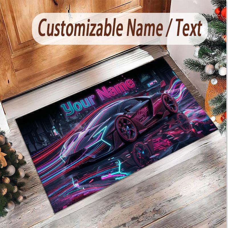 Car Racing Theme Soft Crystal Velvet Rug Custom Name & Text Print Non Slip Floor Rug for Bedroom Living Room