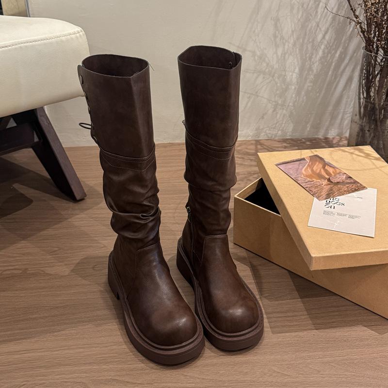 Pleated Pile Boots Two Wear Brown Tall Boots Children's 2025 New Autumn Thick-soled Knight Boots