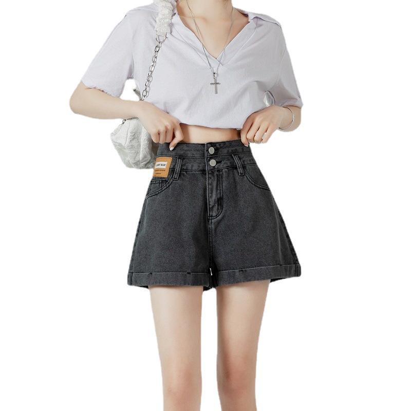 Dambyxa i hög midja, denimshorts - Sommar, tunn stil, dubbelknäppning, lapptäcksmönster, uppvikt fåll, A-linje, vida ben, lös passform, smickrande hotpants