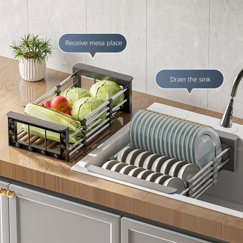 Panier d'égouttoir télescopique en acier inoxydable pour évier, égouttoir polyvalent peu encombrant pour sécher la vaisselle, support de rangement pour fruits et légumes