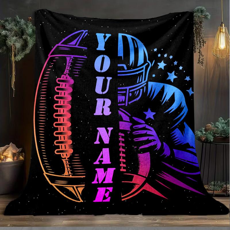 1PC Custom Name Football Player Artwork Outdooor Flannel Blankets Patterns Throw Blanket All-Season Soft Gift for Couch, Bed, Camping Gifts