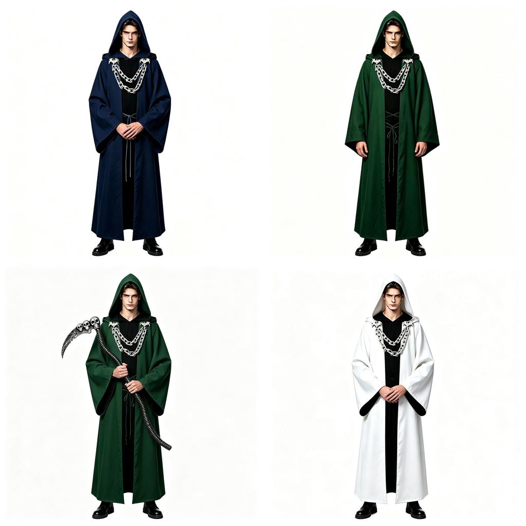 Gotický kostým kouzelníka s řetězem a kapucí pro halloweenské cosplay párty