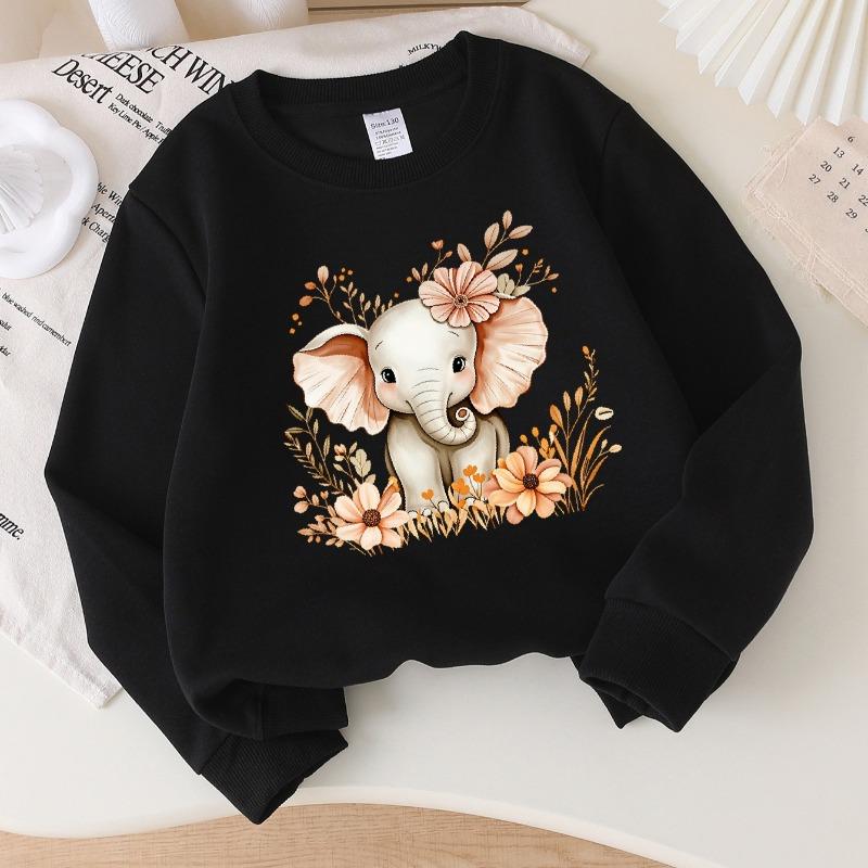 Kids Crewneck Sweatshirt, Cute Elephant Floral Print, Soft Casual Pullover for Fall Winter