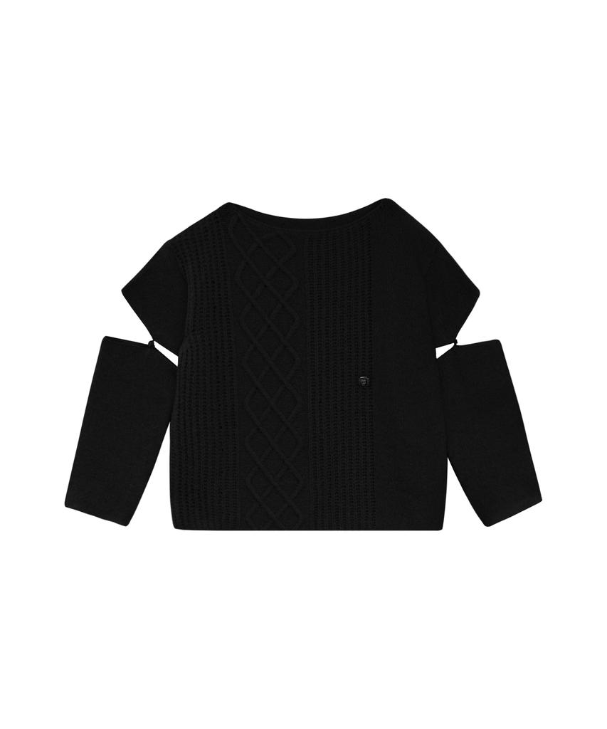 Teulimingbeodeu Sleeve Slit Boat Neck Knit [ Black ]