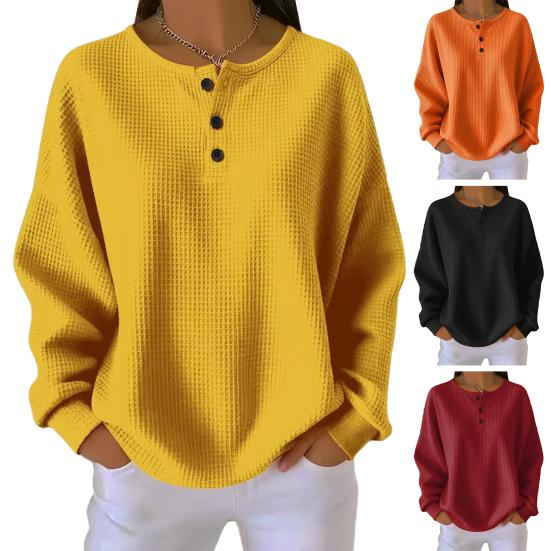 Women Tops Crew Neck Buttons Decor Long Sleeve Pullover Tops Solid Color Waffle Weave Textured Blouse Daily Wear