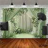2D weichgrün-weißer Vorhang-Hintergrund mit Blumen Foto-Hintergrund