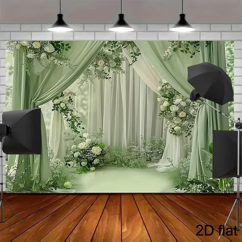2D Soft Green & White Drape Backdrop with Flowers Photo Background