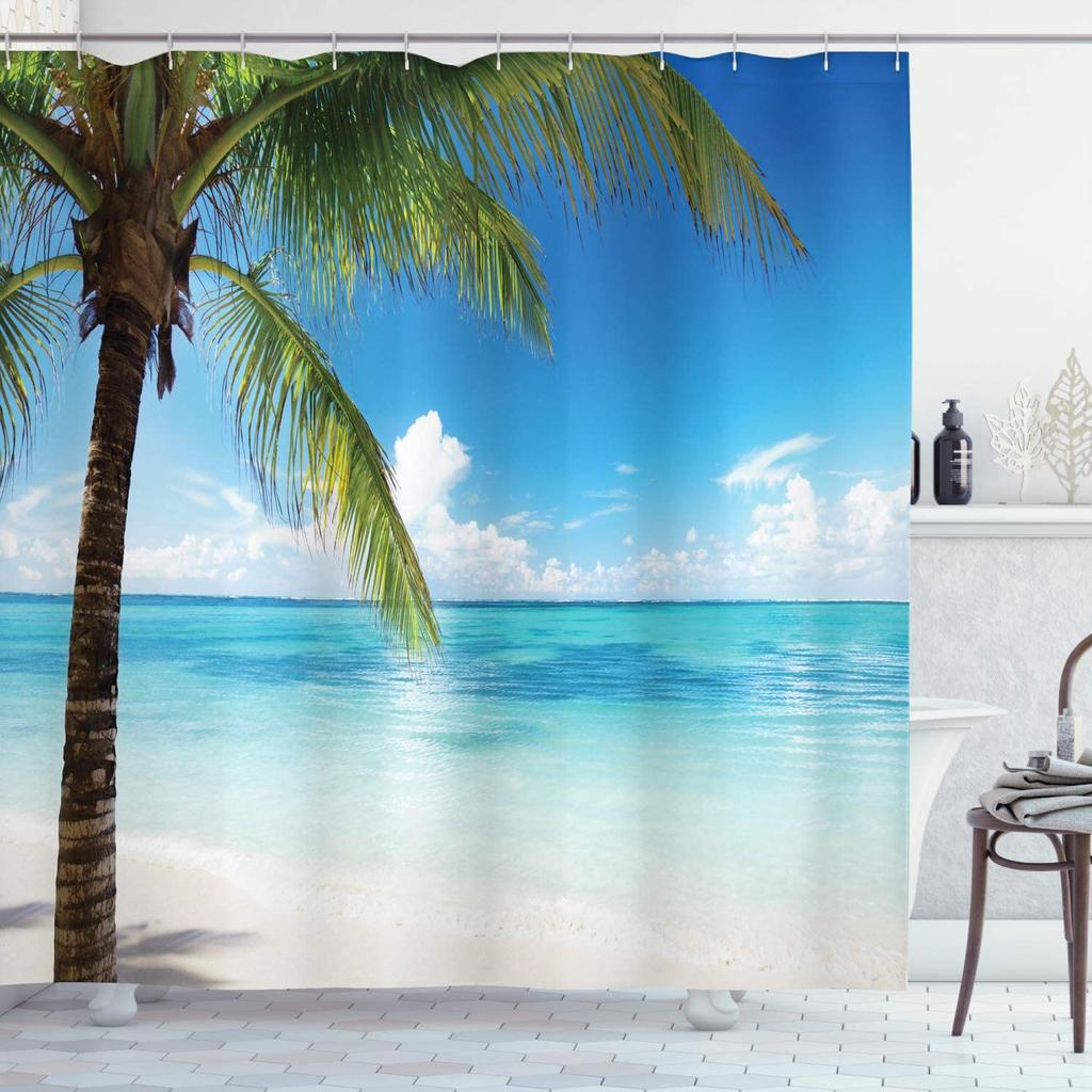 Seaside Ocean Shower Curtain Summer Beach Water Palm Tree Hawaii Landscape Fabric Bathroom Decor Curtains With Hooks Blue Green