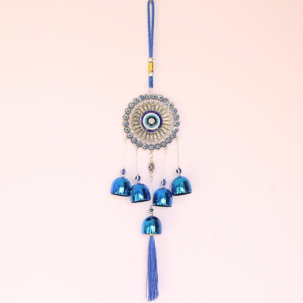 Flower Plate Evil Eyes WindBell Lucky Turkish Wall Decor Feng Shui Hanging Bell Blessing Protection Metal Blue Eye Wind Chime