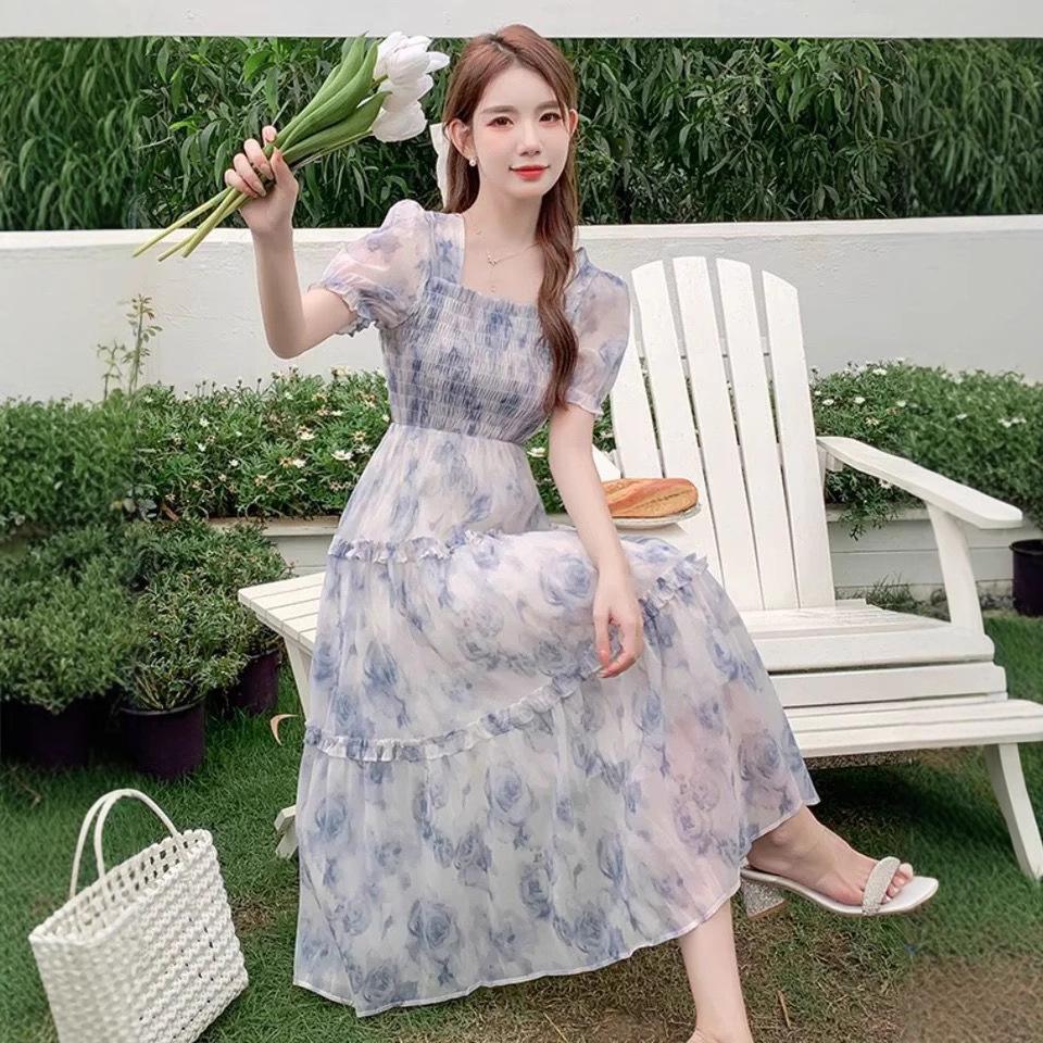 New Floral New French Retro Waist Dress Women's Autumn Thin Long Dress Super Fairy Skirt