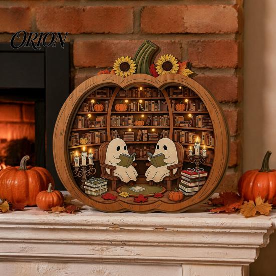 Cute Ghost Reading Figurines Halloween Wooden Tabletop Ornament, 2D Flat Bathing Harvest Season Room Decor Watering Plaque with Stand for Home Shelf,