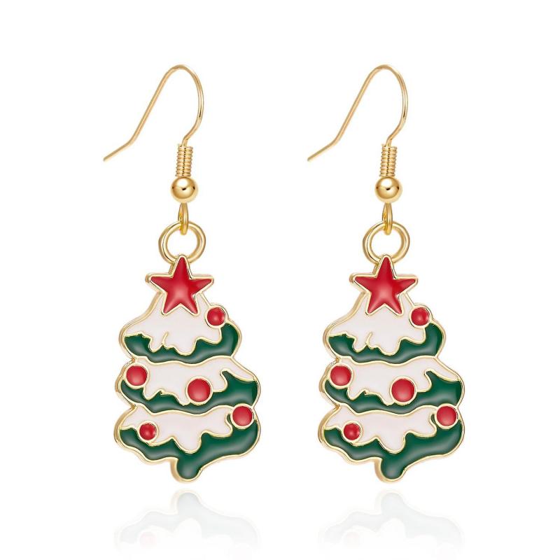 Beautiful Christmas Tree Earrings Decorated with Snow, Red Balls, and Stars
