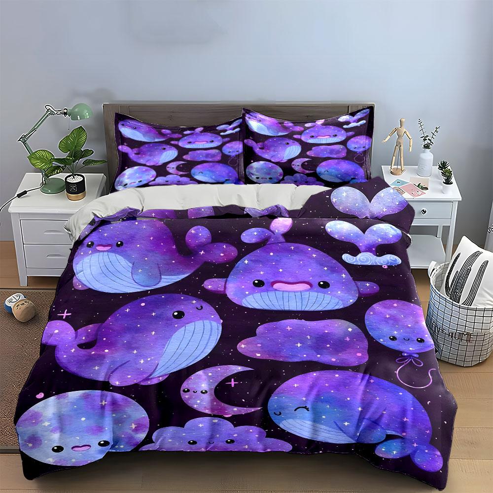 Whimsical Purple Whale Set Bedding Duvet Cover Set  (1*Duvet Cover 2*Pillowcases, Without Duvet Insert)