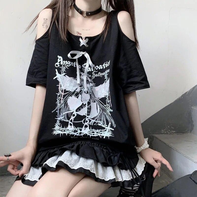VAYLA New Summer Fashion Sweet Cool Chest Strap Square Neck Off Shoulder Short Sleeve Casual Loose Fit Sport Mid Length T-shirt