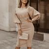 Lady Dress Puff Sleeve Slim-Fit Round Neck Knee Length Office Dress for Home