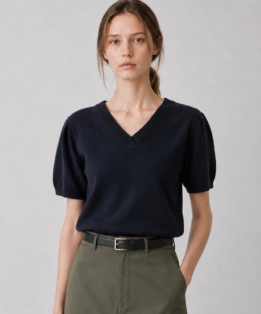 LEIE Merino Wool Short Sleeve V-Neck Knit (Navy)