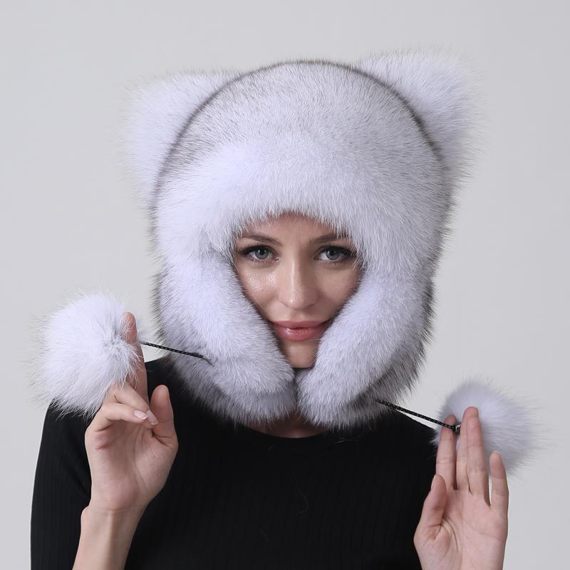 Women Winter Bomber Fur Hats Natural Real Fox Fur Balls Ears Tail Trapper Hats Thick Warm Outdoor Snow Hats